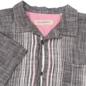 Tommy Bahama Camp Shirt Gray Modern Striped Button Up Short Sleeve XL‎